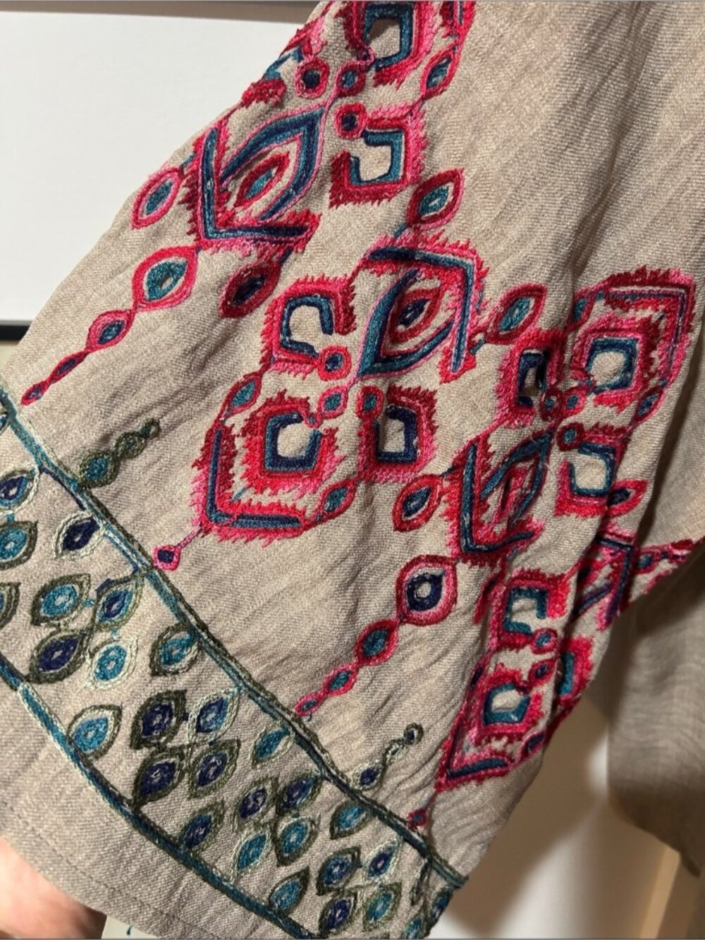 Embroidered Tie-Front Tunic Top in Tan - Picture 2 of 2